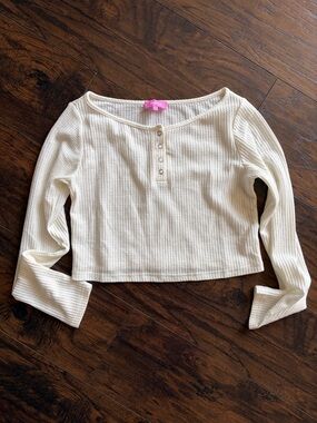 Edikted Cream Waffle Henley Cropped Long Sleeve Top